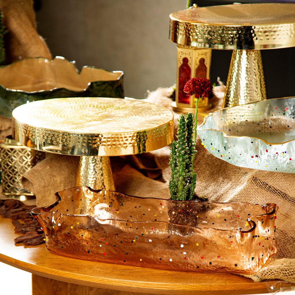 Round Glass Platter Clear with dots & gold rim D. 50cm