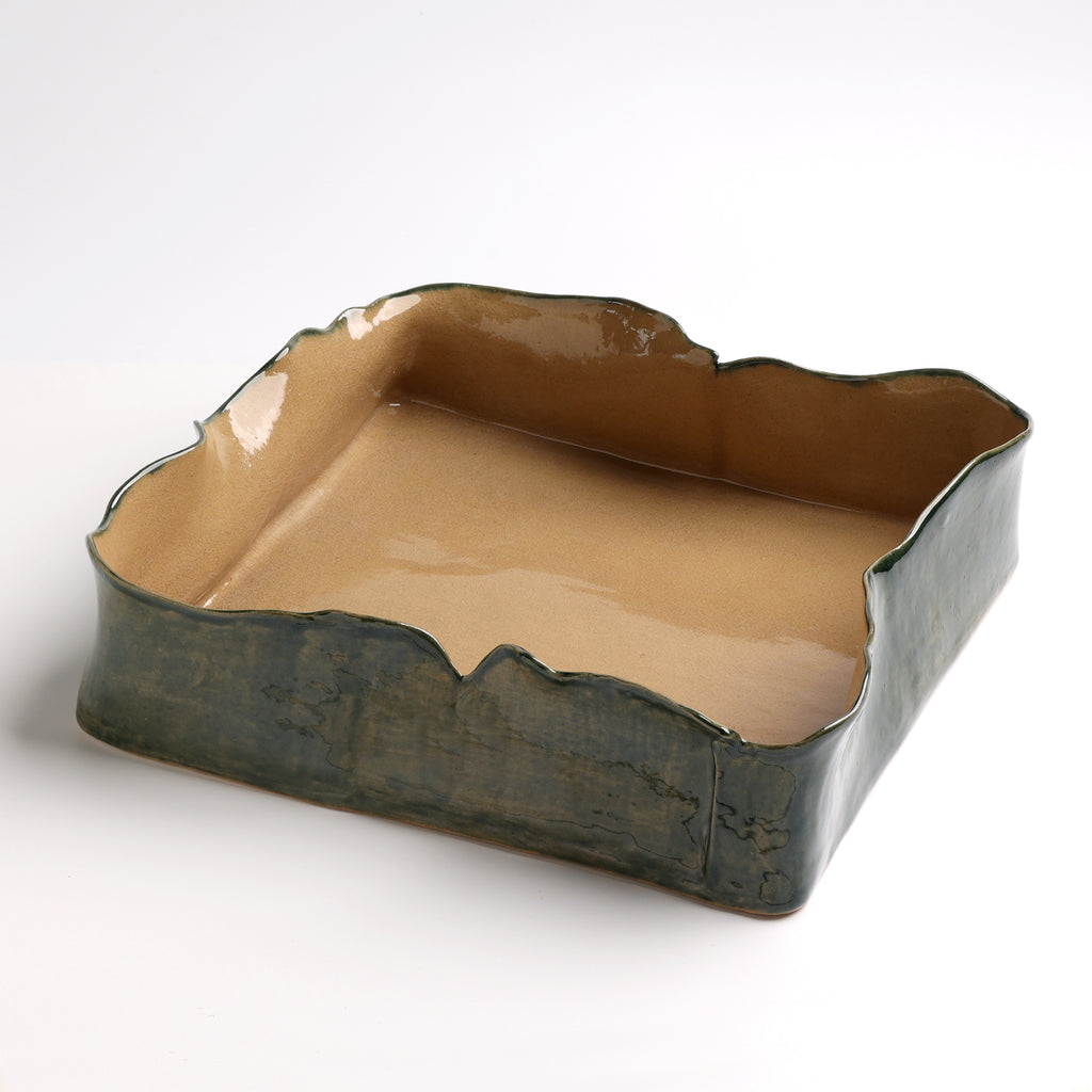 Deep Square Dish - Forest Green & Camel