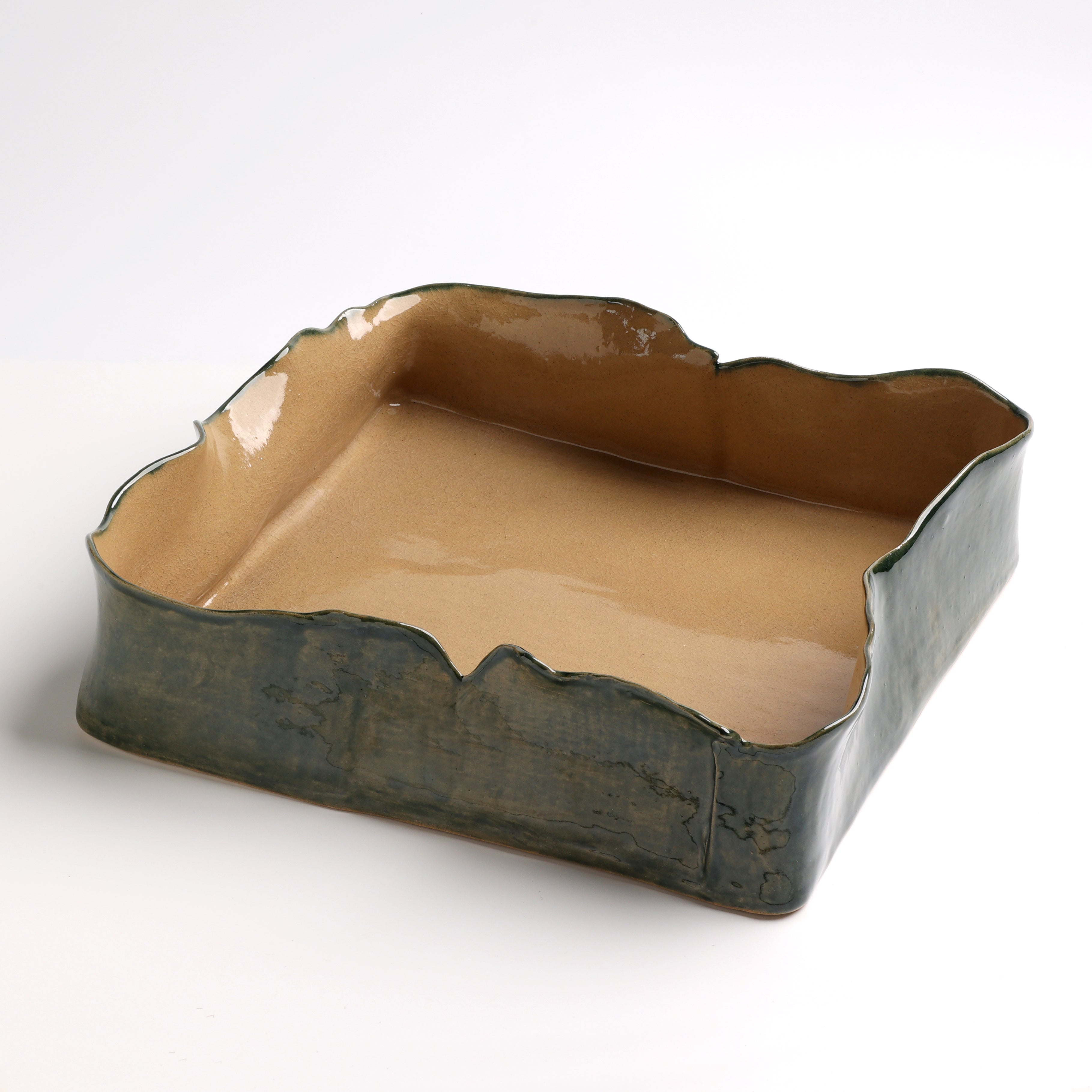 Deep Square Dish - Forest Green & Camel