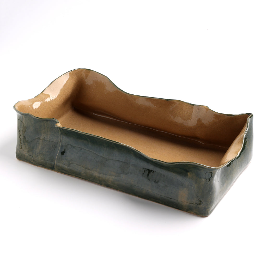 Deep Rectangular Dish - Forest Green & Camel