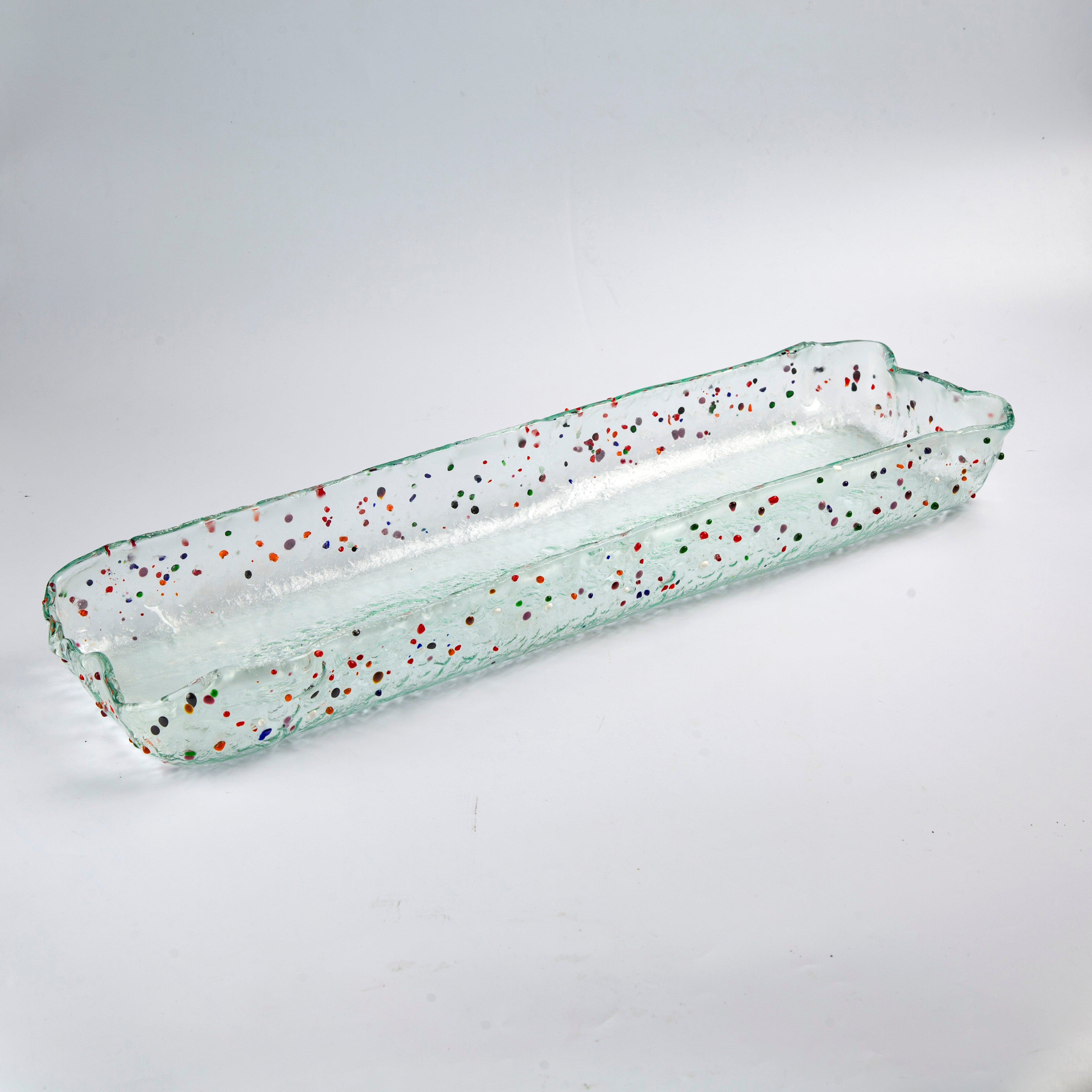 Long Deep Large Glass Platter Clear with dots Lxl 60x18cm