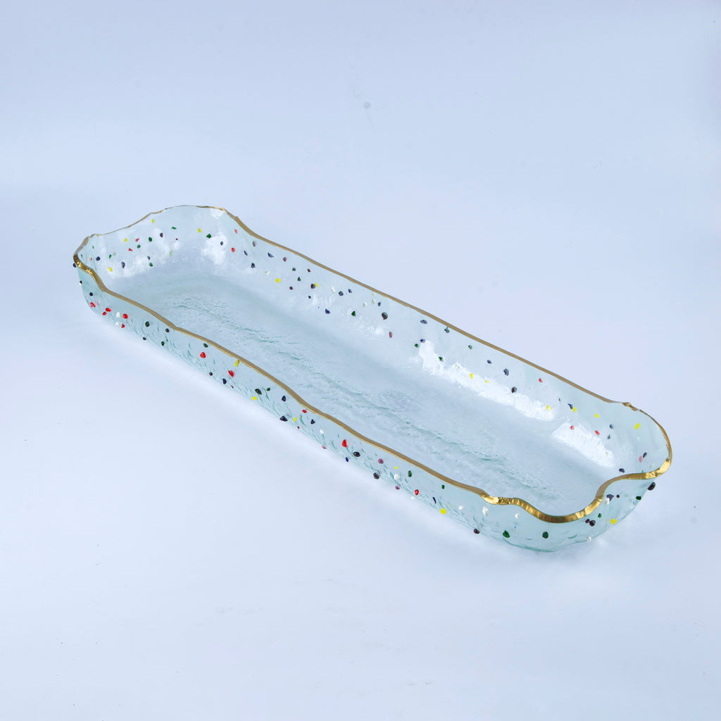 Long Deep Large Glass Platter Clear with dots & gold rim Lxl 60x18cm
