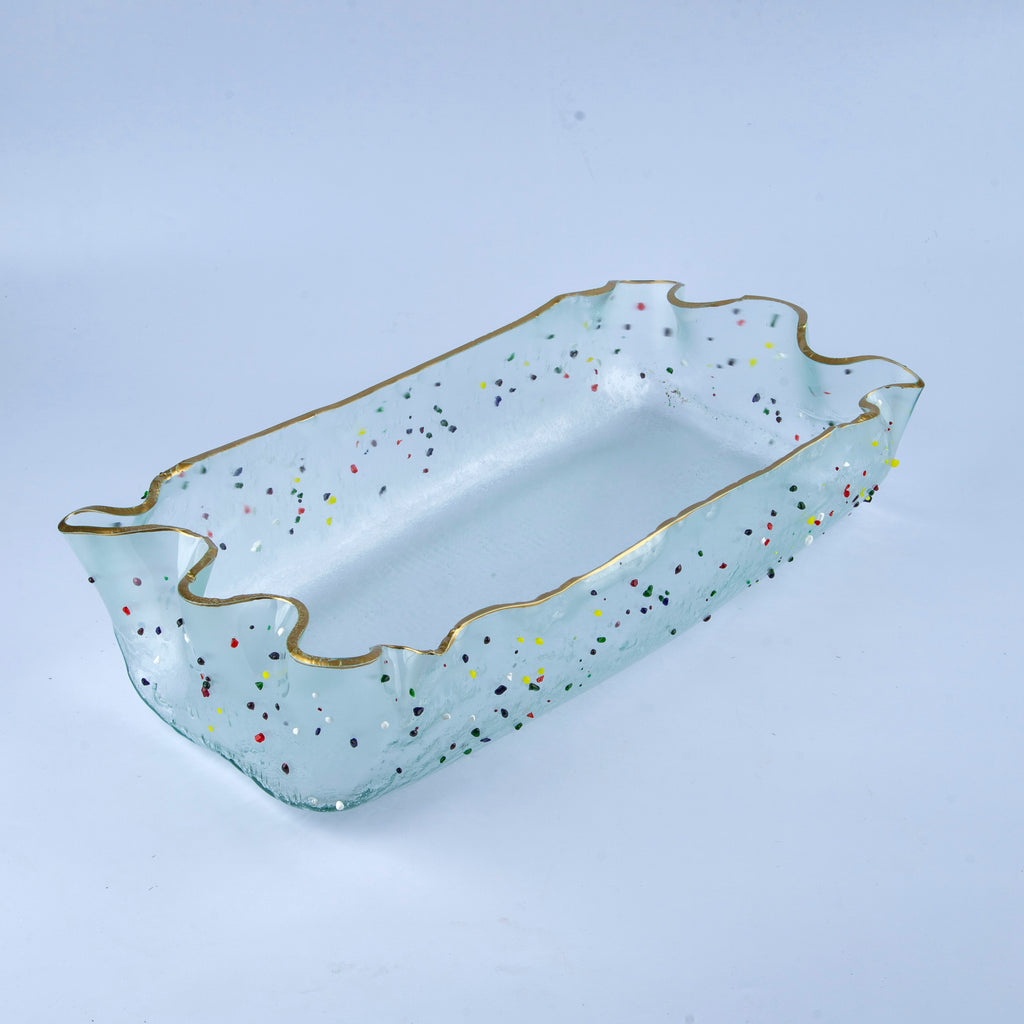 Rectangular platter clear with dots + gold rim