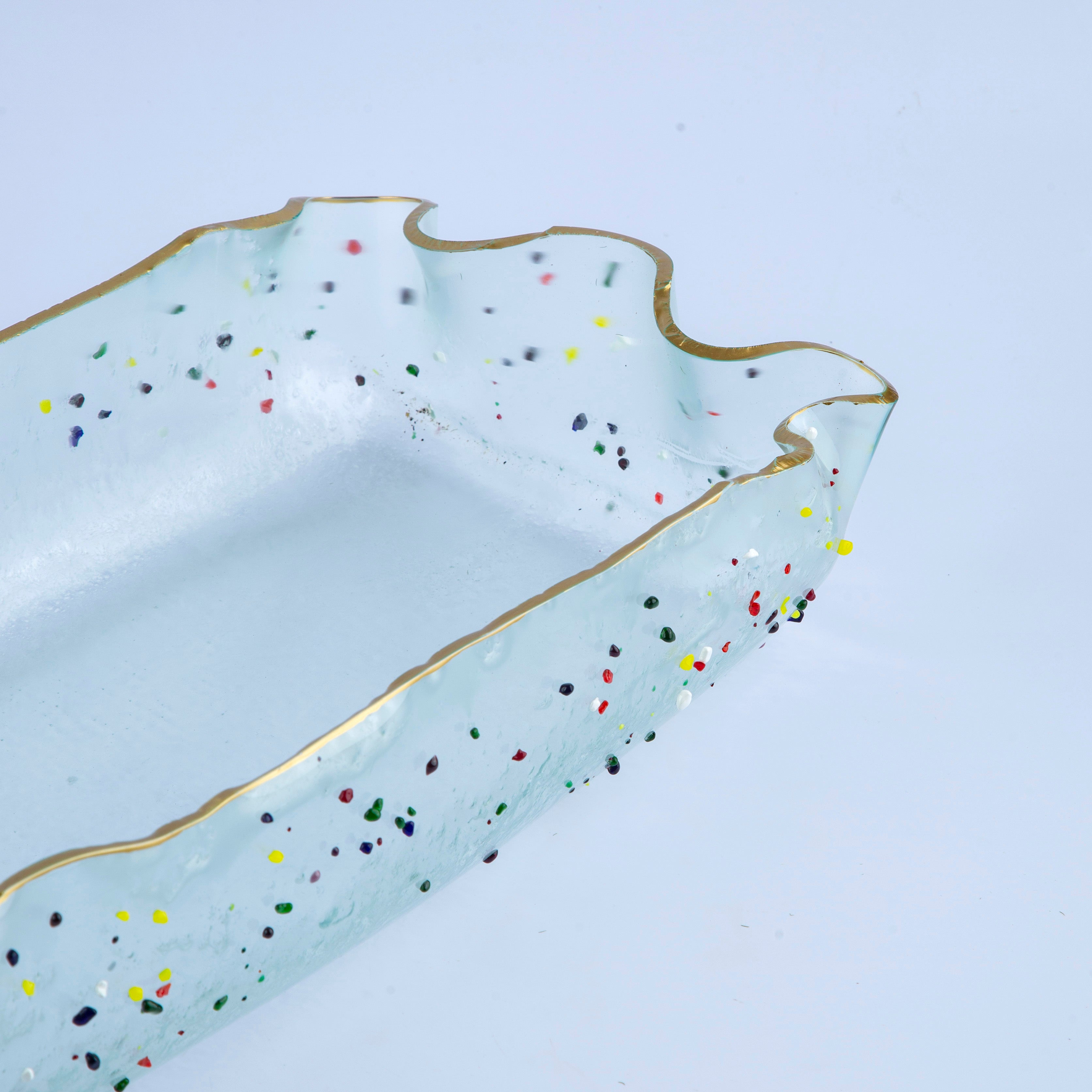Rectangular platter clear with dots + gold rim