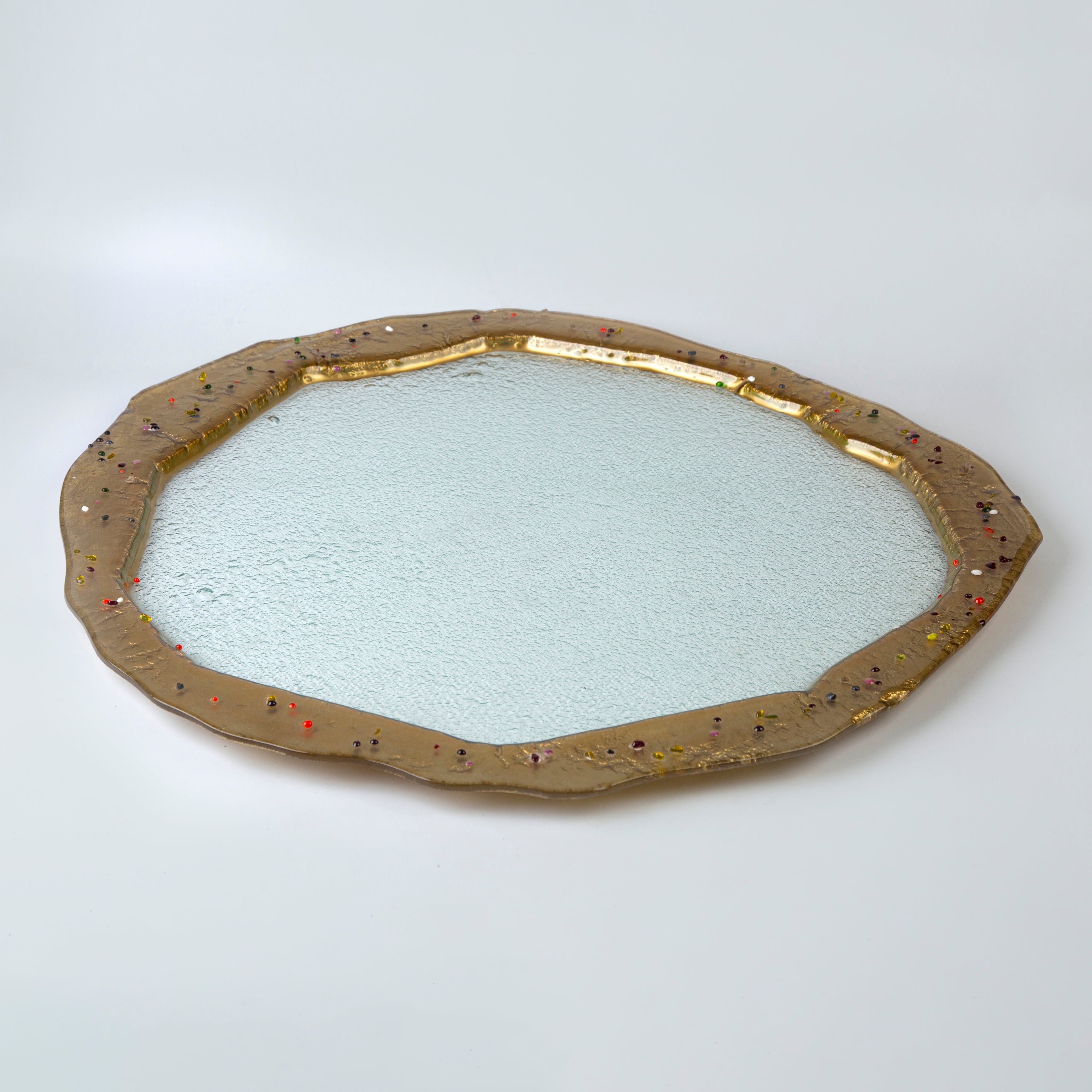 Round platter flat clear with gold rim & dots D. 55cm