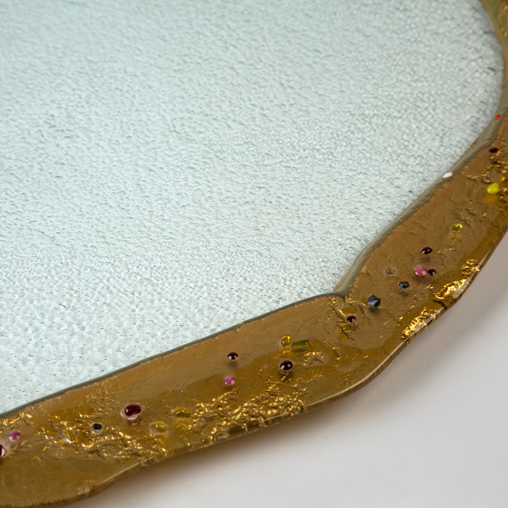 Round platter flat clear with gold rim & dots D. 55cm
