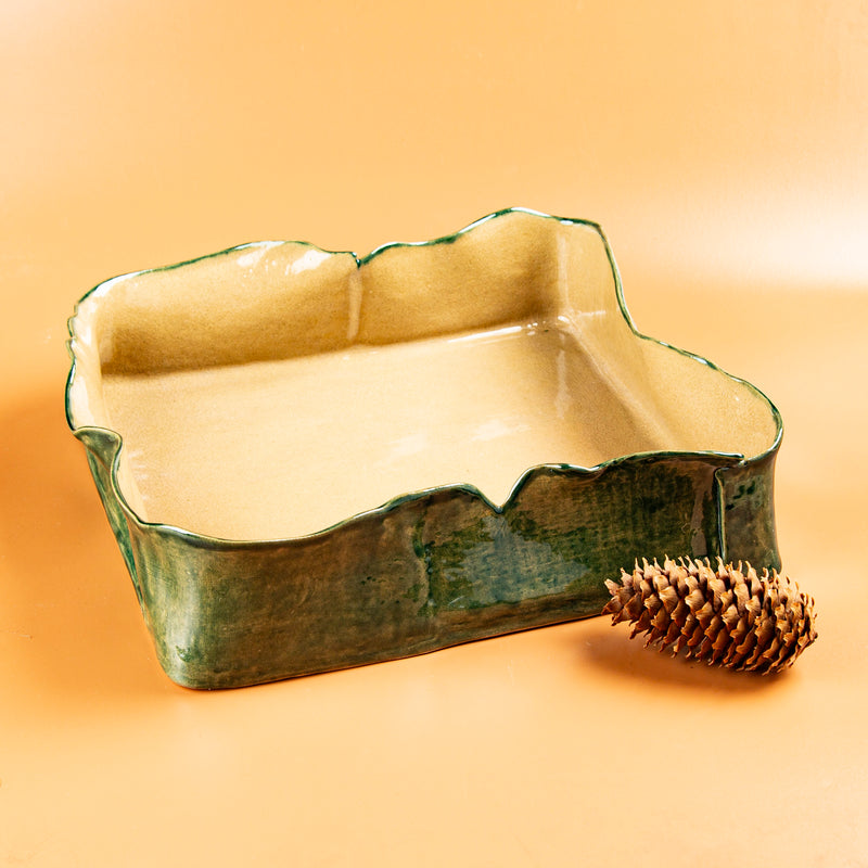 Deep Square Dish - Forest Green & Camel