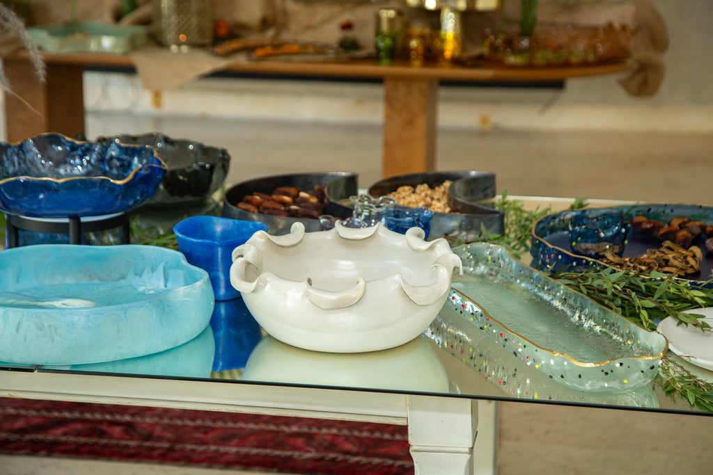 Long Deep Large Glass Platter Clear with dots Lxl 60x18cm