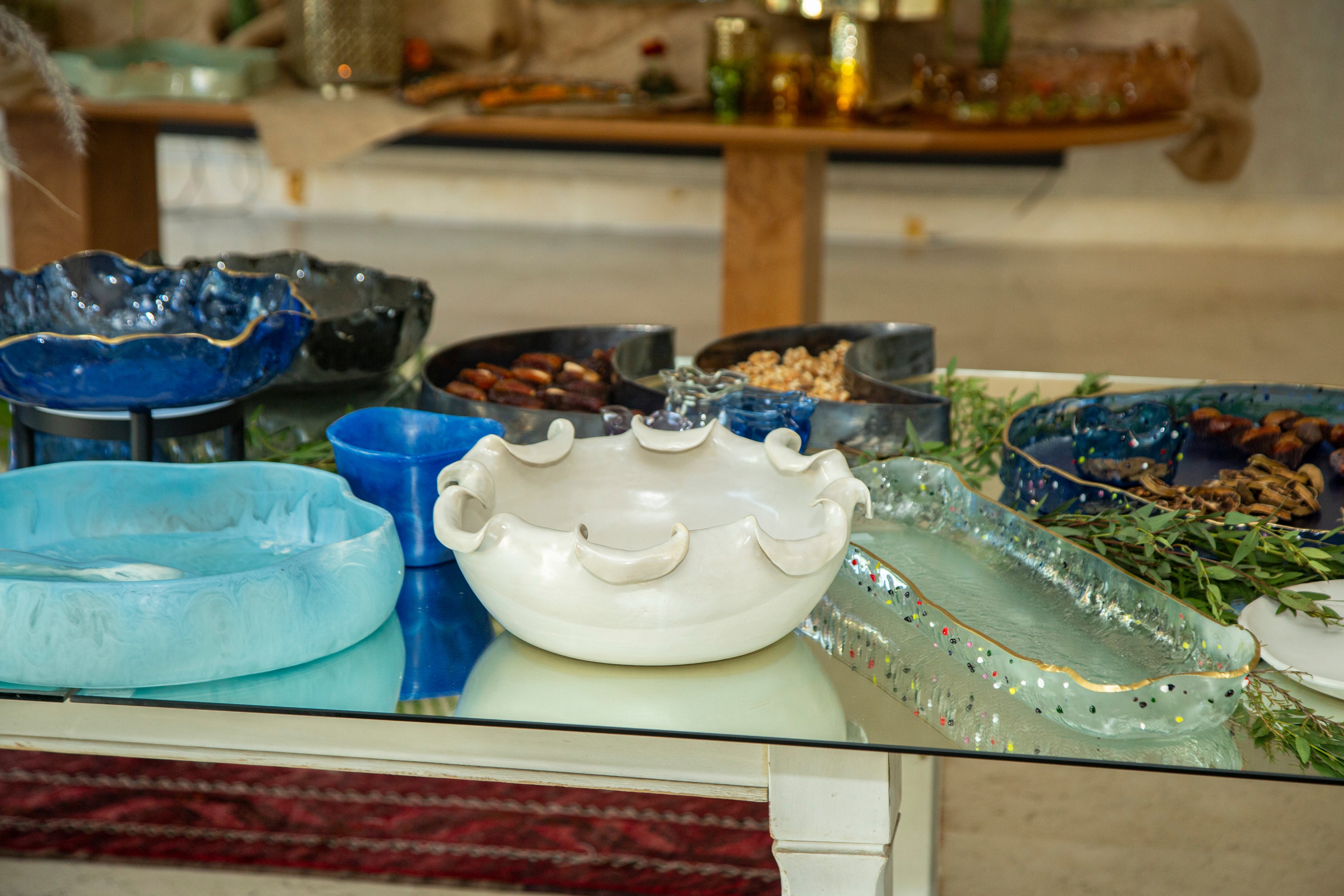 Long Deep Large Glass Platter Clear with dots Lxl 60x18cm