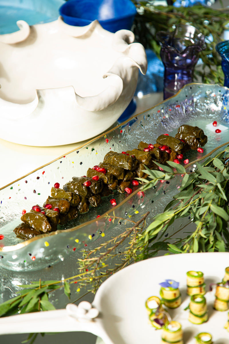 Long Deep Large Glass Platter Clear with dots & gold rim Lxl 60x18cm